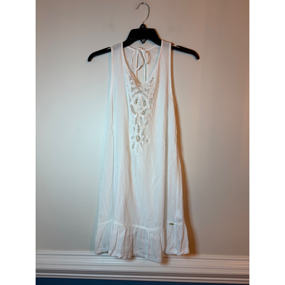 Roxy Coverup Dress Womens Medium White Crochet Lace Ruffle Sleeveless Boho Mini